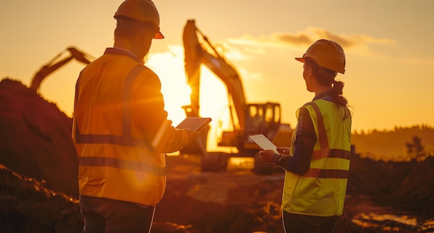 Dos trabajadores de la construcción de pie juntos