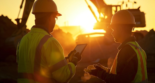 Dos trabajadores de la construcción de pie juntos