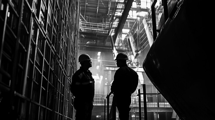 Dos trabajadores conversan en un astillero durante el día bajo estructuras industriales
