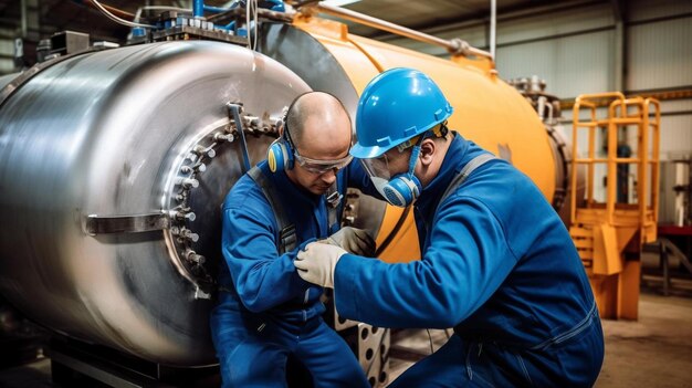 Foto dos trabajadores de cuello azul que usan equipos de protección mientras aíslan un vaso de presión industrial