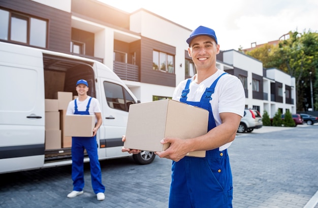 Dos trabajadores de la empresa de mudanzas descargando cajas del minibús al nuevo hogar