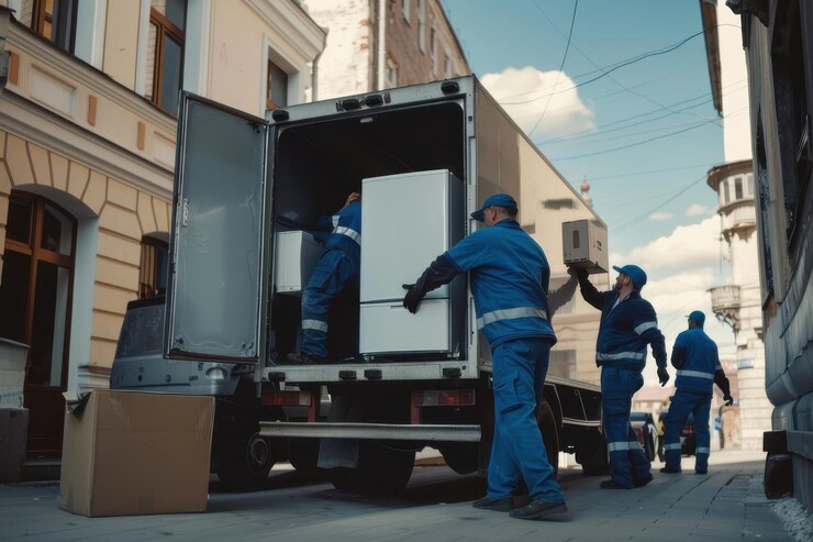 Dos trabajadores de entrega que manejan una gran caja de cartón delante de un camión durante el amanecer enfatizando el trabajo en equipo y la logística