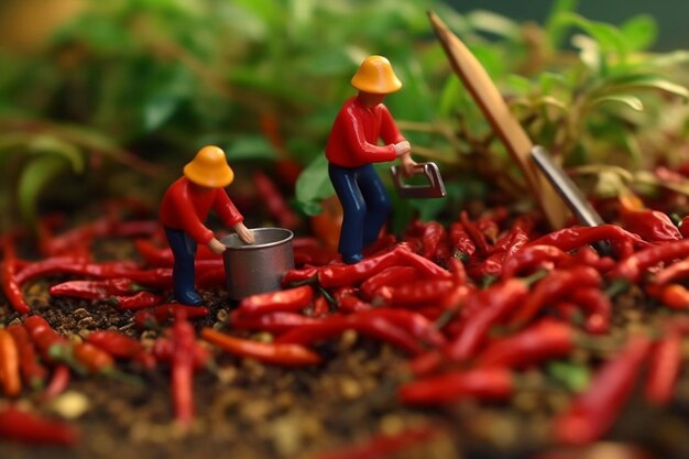 Foto dos trabajadores están trabajando en un jardín con una olla de chiles.