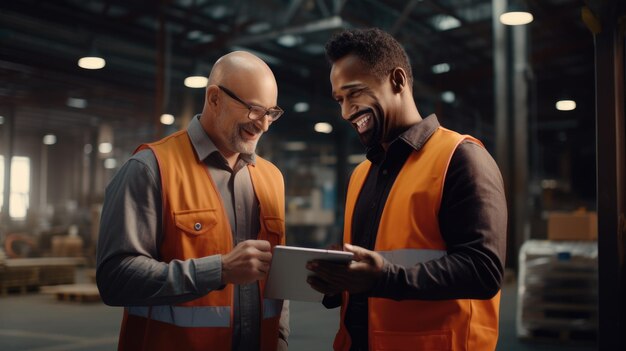 Dos trabajadores masculinos están discutiendo el trabajo usando una tableta con un buen estado de ánimo