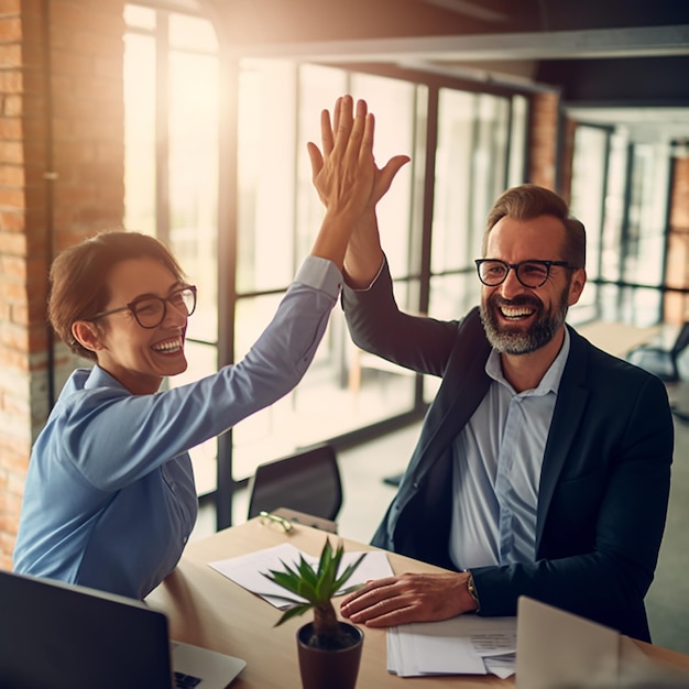 Dos trabajadores de negocios de mediana edad sonriendo felices y confiados Trabajando juntos con una sonrisa en la cara