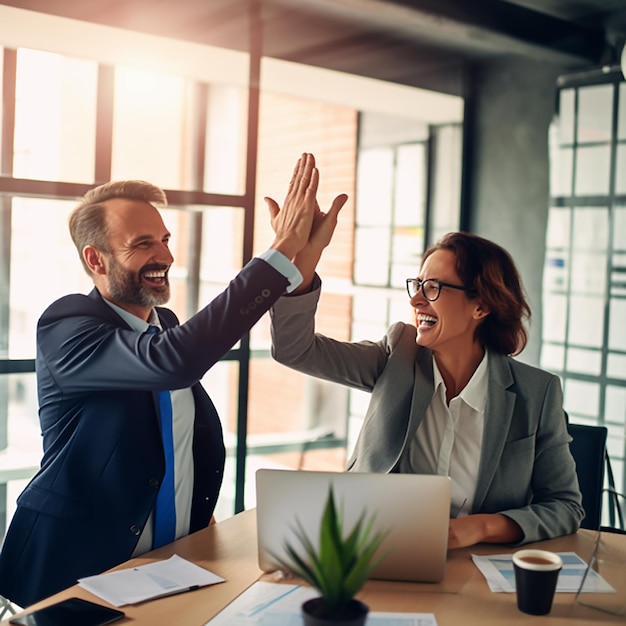 Dos trabajadores de negocios de mediana edad sonriendo felices y confiados Trabajando juntos con una sonrisa en la cara