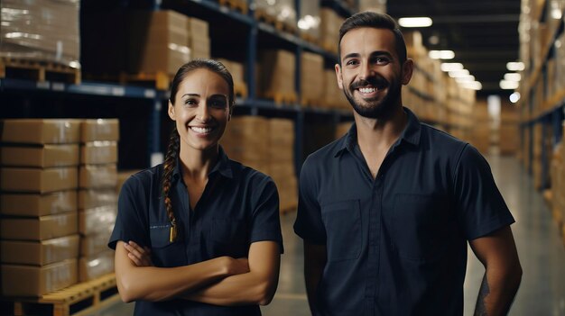 Foto dos trabajadores sonrientes en un almacén moderno contra el fondo de cajas