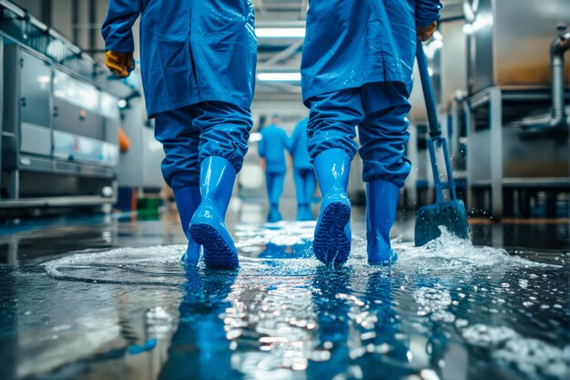 Foto dos trabajadores en trajes azules caminando por una fábrica