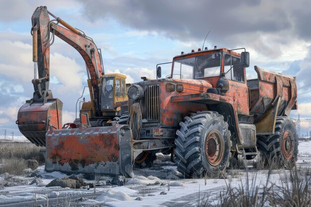 Dos tractores pesados de ruedas, una excavadora y otras máquinas de construcción