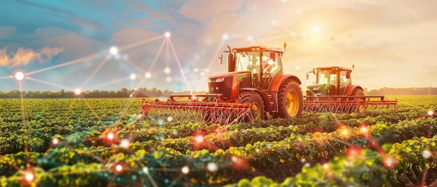 Dos tractores potentes con equipos de cosecha extendidos operan en un campo verde exuberante bajo luces brillantes que muestran prácticas agrícolas modernas