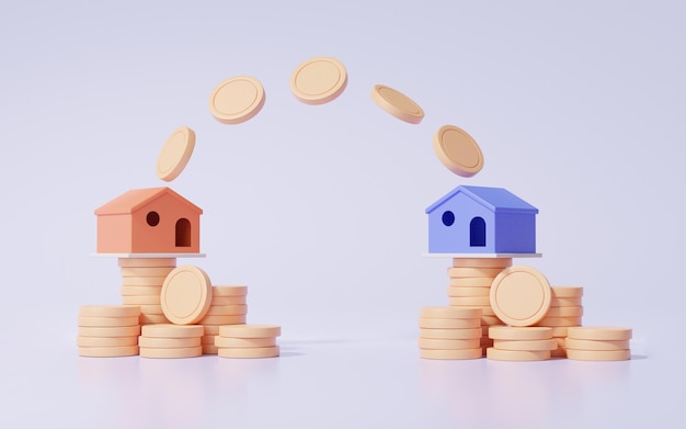 Dos transferencias a casa concepto de dinero apoyo financiero inversión de negocios inmobiliarios con dibujos animados costo mínimo ingresos ganar ahorro gestión presupuestaria 3d renderizar ilustración