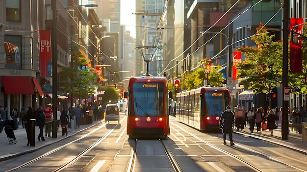 dos tranvías rojos están en una calle con una calle de la ciudad