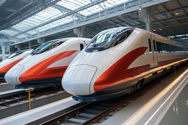 Dos trenes rojos y blancos están uno al lado del otro en la plataforma del tren Plataforma de embarque en la estación de tren Transporte de alta velocidad