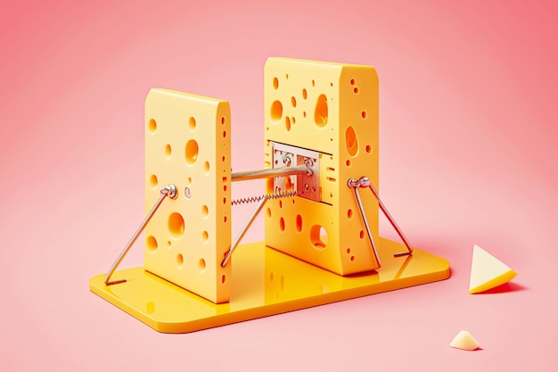 Dos trozos rectangulares de queso en trampa para ratones aislado sobre fondo rosa ai generativo