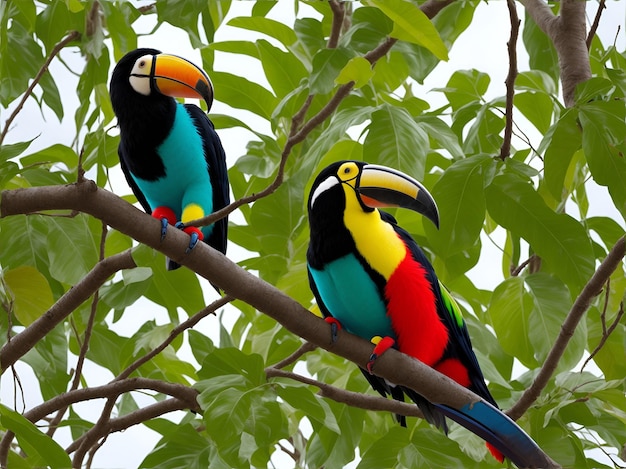 Dos tucanes multicolores de pie en la rama de un árbol