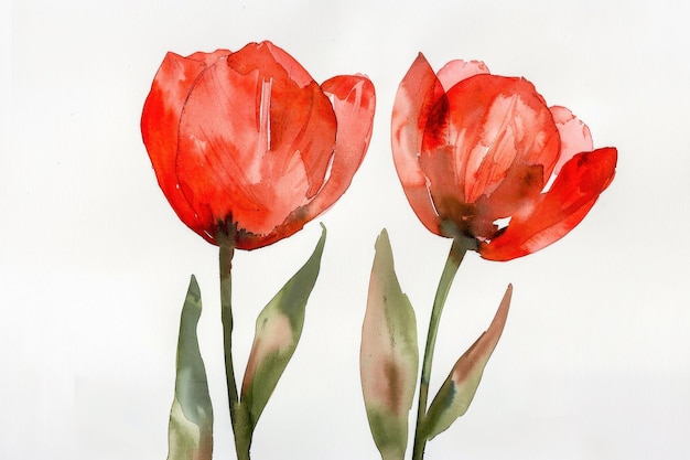 Dos tulipanes rojos con pétalos delicados y tallos verdes contra un fondo blanco suave