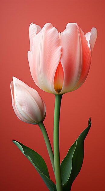 Foto dos tulipanes rosados sobre un fondo rojo