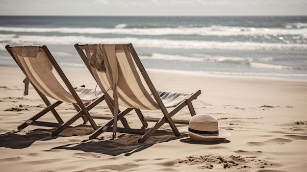 Dos tumbonas y sombrero relajándose en la playa soleada Generativo ai