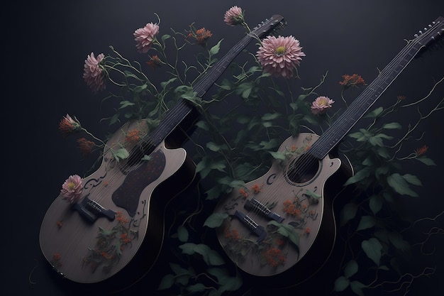 Dos ukeleles con flores de fondo