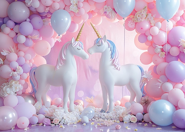 dos unicornios con globos y globos en el fondo