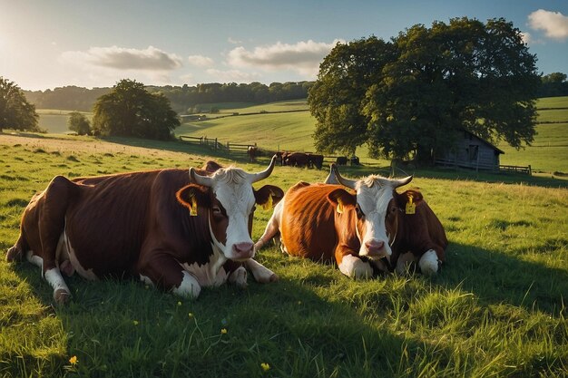 Foto dos vacas acostadas en un campo con una con la otra acostada