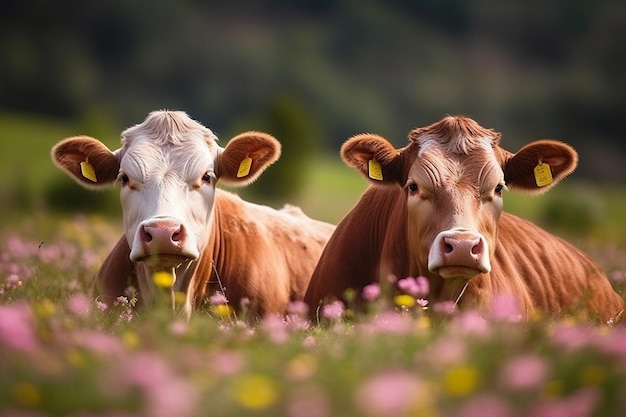 Foto dos vacas en un campo de flores