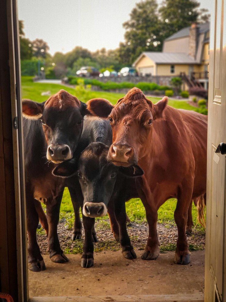 dos vacas están mirando a la cámara a través de una puerta
