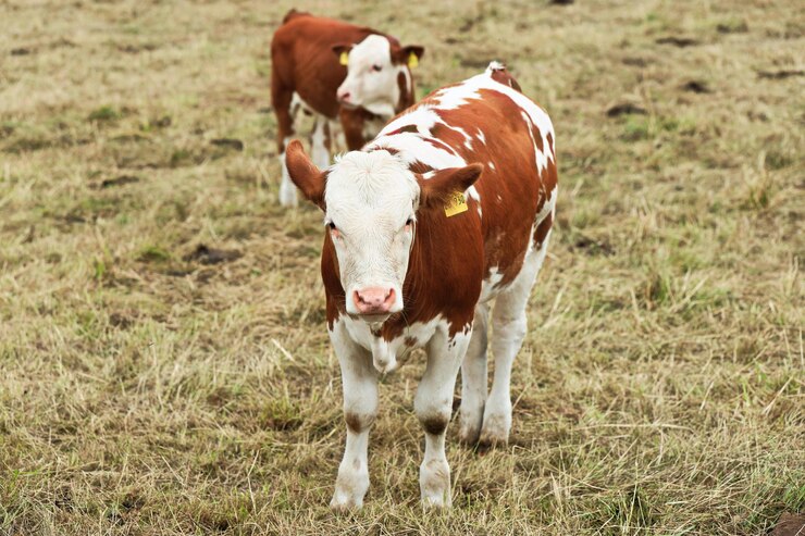 dos vacas están de pie en un campo con uno mirando a la cámara