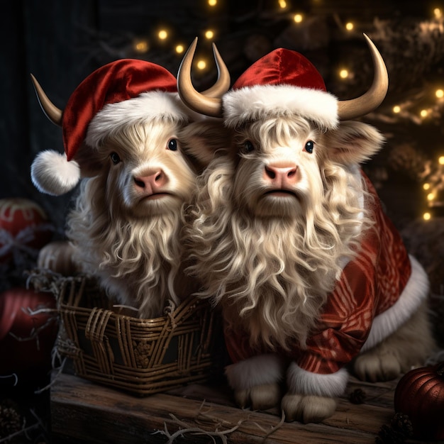 dos vacas con gorros de Papá Noel sentadas junto a una canasta de adornos navideños ai generativo