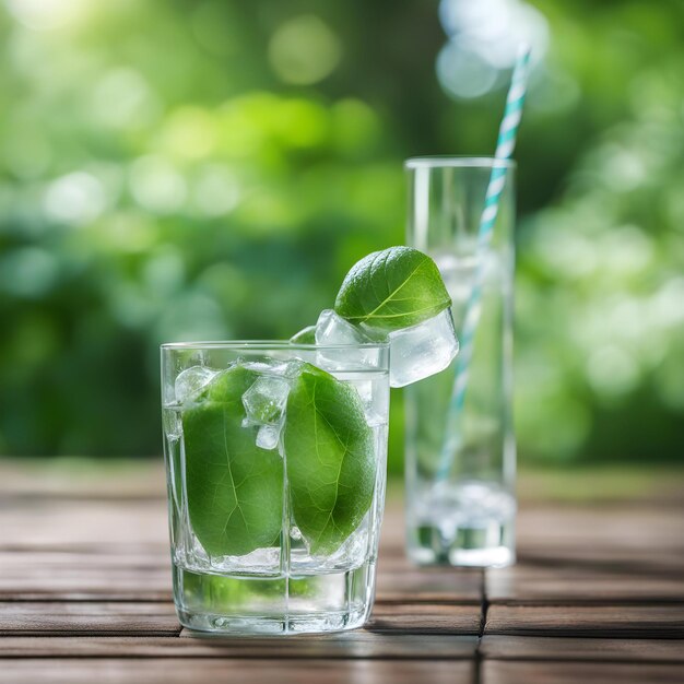 Foto dos vasos de agua y una bebida de limón en una mesa