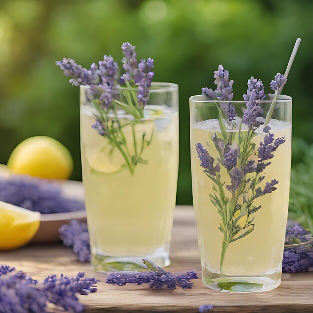 Foto dos vasos de agua con un ramo de flores de lavanda en ellos