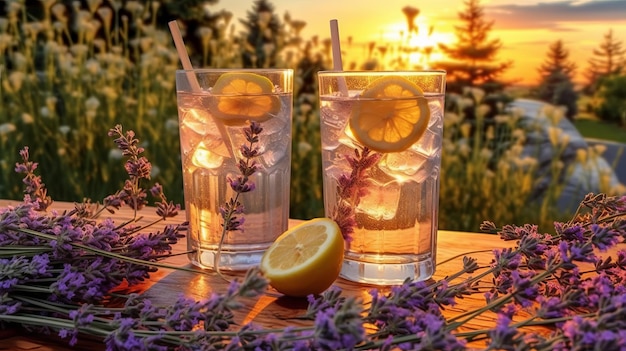 Dos vasos de agua con rodajas de limón y flores de lavanda en una mesa de madera Ai generativo