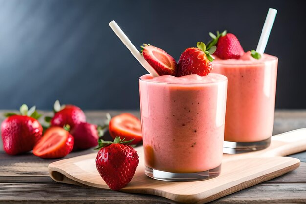 Dos vasos de batido de fresa en una bandeja con fresas