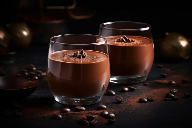 Dos vasos de batidos de chocolate con granos de café al lado.