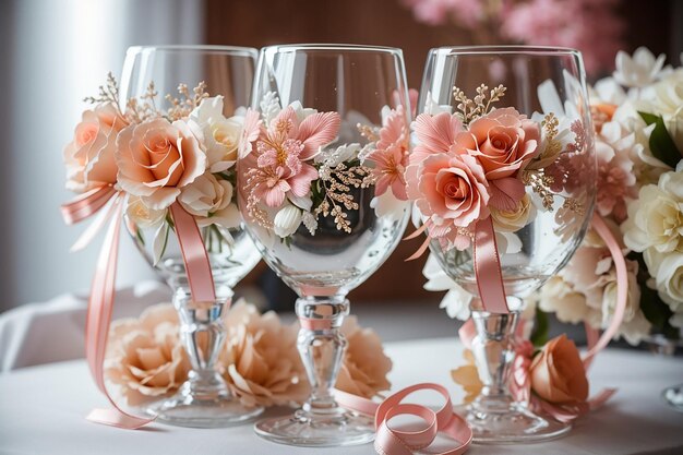 Dos vasos de boda están decorados con flores con cintas de cerca