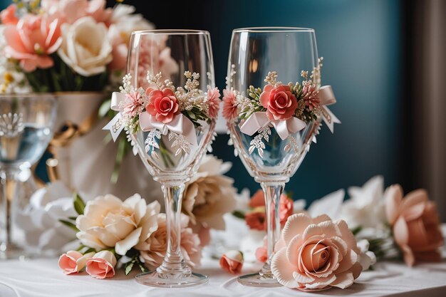 Dos vasos de boda están decorados con flores con cintas de cerca