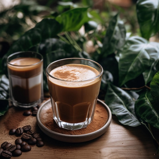 Dos vasos de café con un café con leche en la mesa