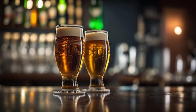 Dos vasos de cerveza en la barra de un bar