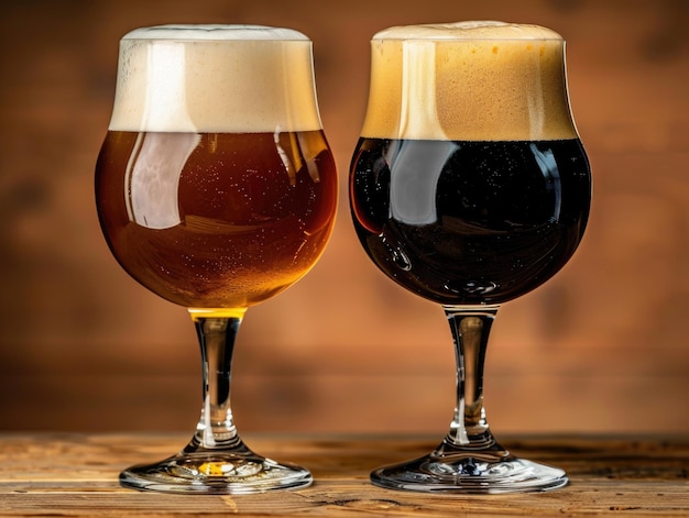 Dos vasos de cerveza descansan encima de una mesa de madera rústica que invita a un brindis en un entorno sereno
