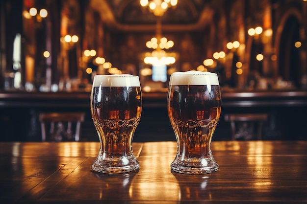 Dos vasos de cerveza espumosa fresca en un fondo de madera en el bar