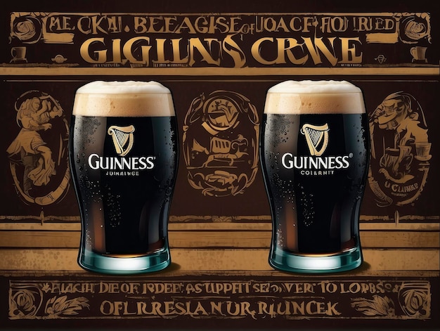 dos vasos de cerveza Guinness en una mesa con un letrero en el fondo