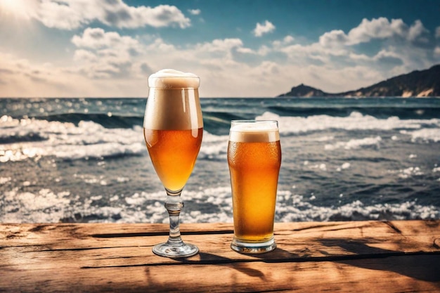 dos vasos de cerveza con el océano en el fondo