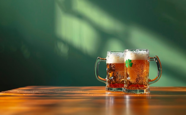 Dos vasos de cerveza en la parte superior de una mesa de madera con un estampado de trébol de fondo verde