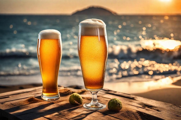 dos vasos de cerveza con una playa en el fondo