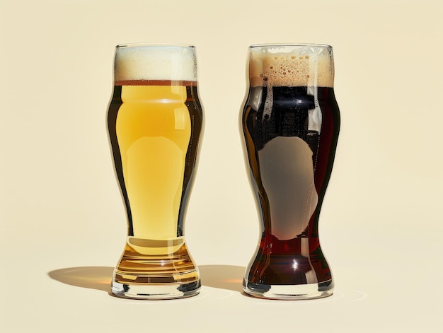 Dos vasos de cerveza reposan uno al lado del otro, emanando un ambiente acogedor con sus tonos ámbar y copas espumosas.