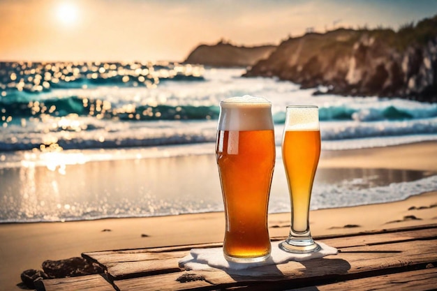 dos vasos de cerveza sentados en una mesa al lado de una playa con el océano en el fondo