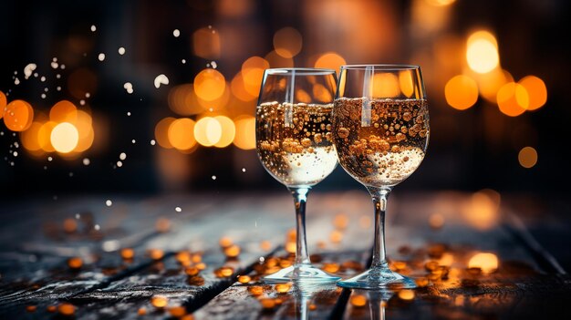Foto dos vasos de champán con fuegos artificiales
