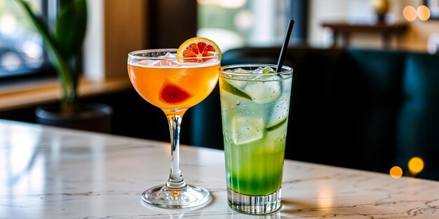 dos vasos de cócteles con un limón y lima