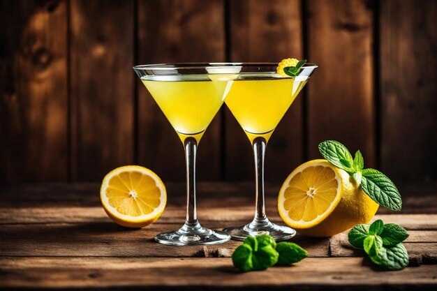 Foto dos vasos de cócteles con limones y hojas de menta en una mesa