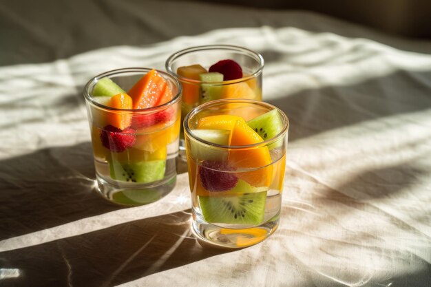Dos vasos de ensalada de fruta fresca sobre una mesa con sombras del sol
